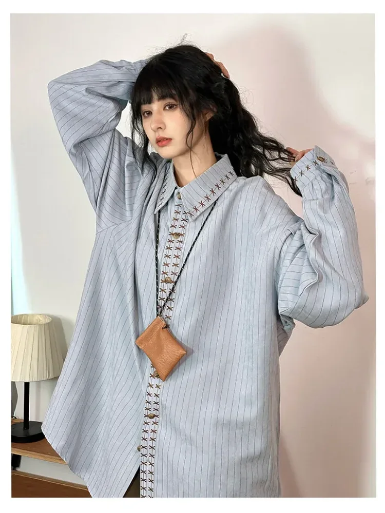 [DISKON KILAT]CHICMORE Kemeja lengan panjang bergaris bergaris gaya preppy vintage asli