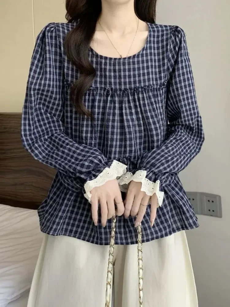[DISKON KILAT]CHICMORE Atasan kemeja wanita gaya korean trendi dengan motif kotak lengan panjang model ruffle