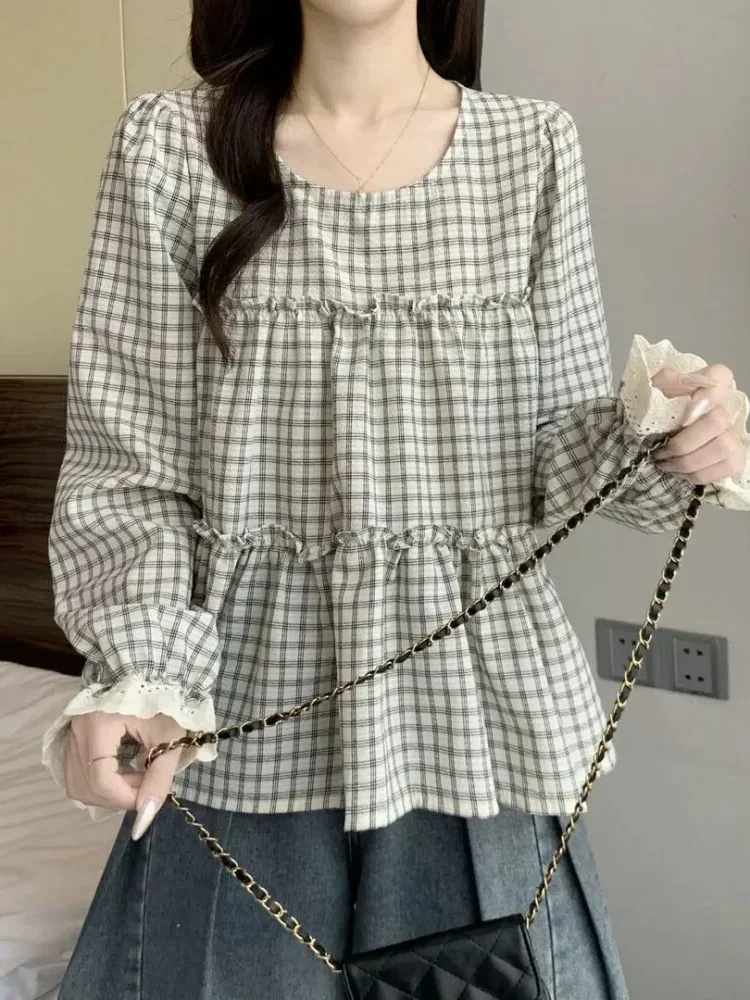 [DISKON KILAT]CHICMORE Atasan kemeja wanita gaya korean trendi dengan motif kotak lengan panjang model ruffle