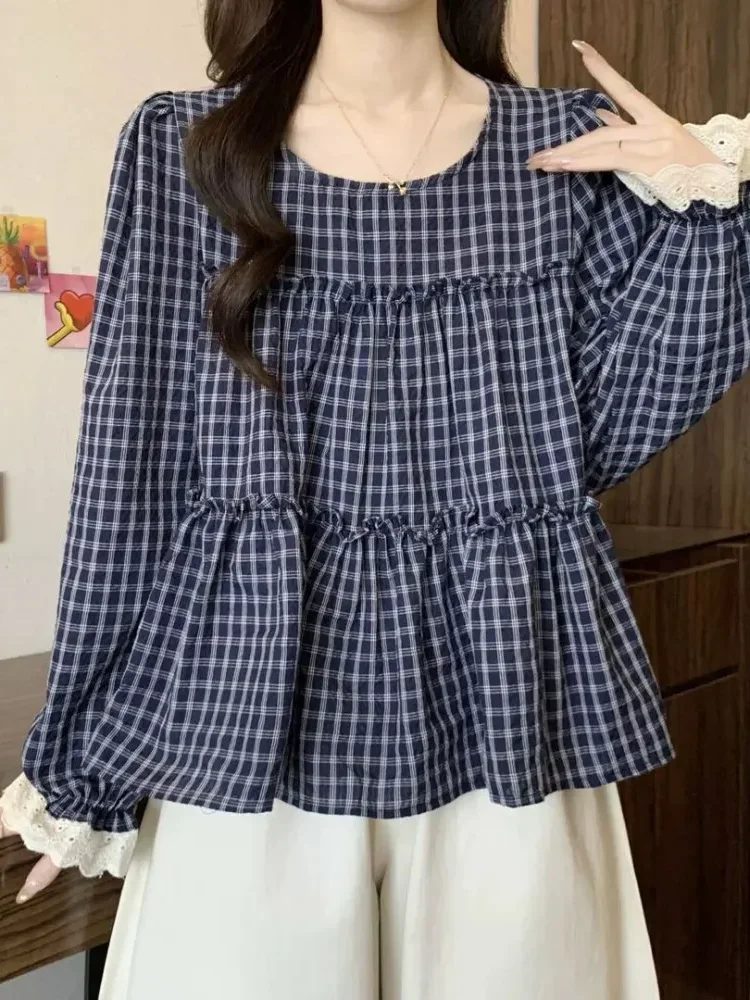 [DISKON KILAT]CHICMORE Atasan kemeja wanita gaya korean trendi dengan motif kotak lengan panjang model ruffle