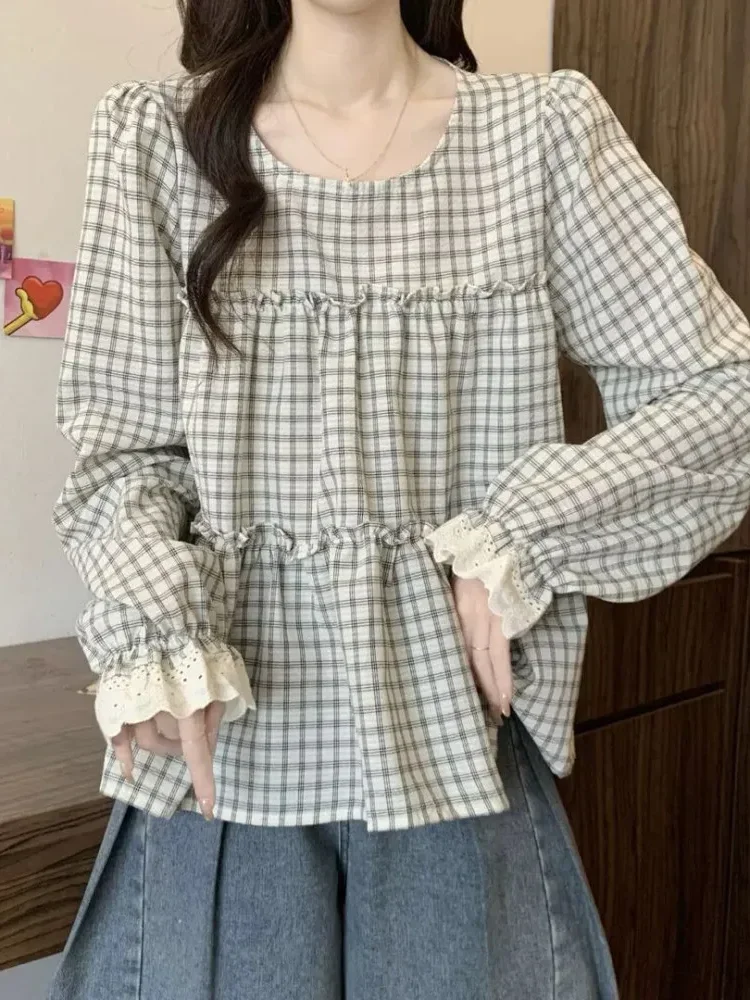 [DISKON KILAT]CHICMORE Atasan kemeja wanita gaya korean trendi dengan motif kotak lengan panjang model ruffle