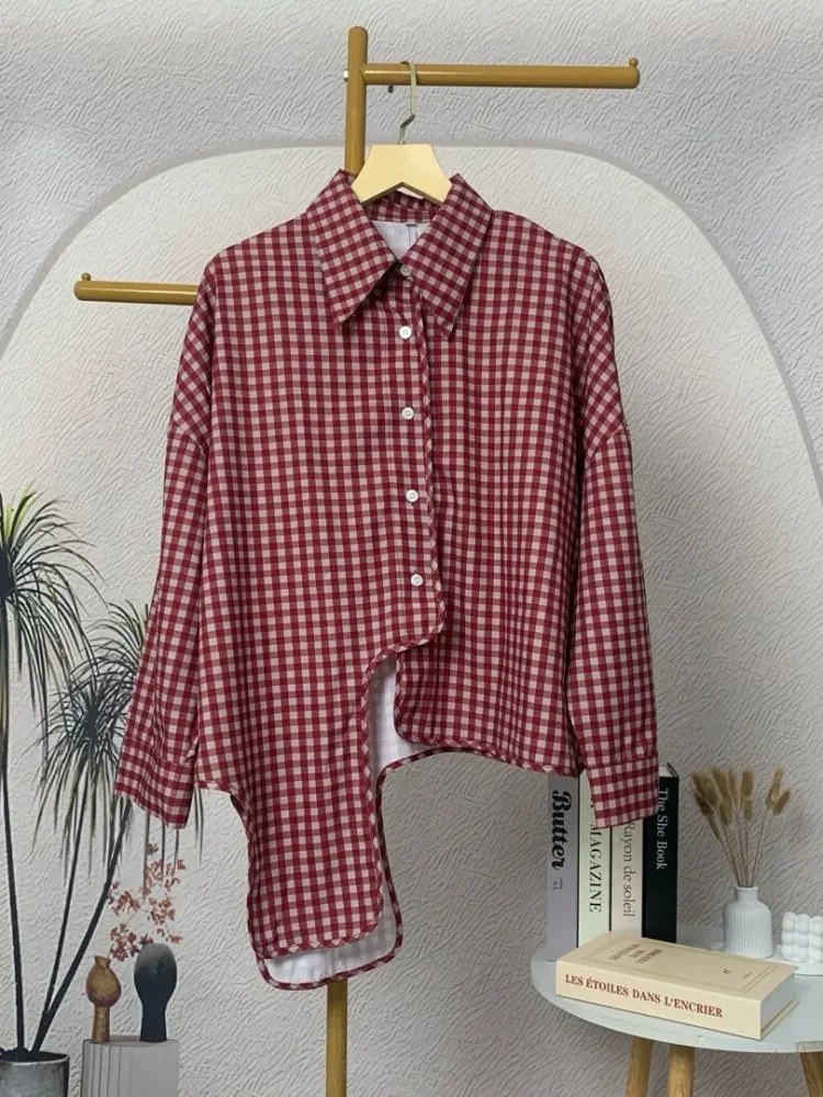 [NEW]CHICMORE Atasan lengan panjang kotak-kotak tidak teratur dengan desain modis