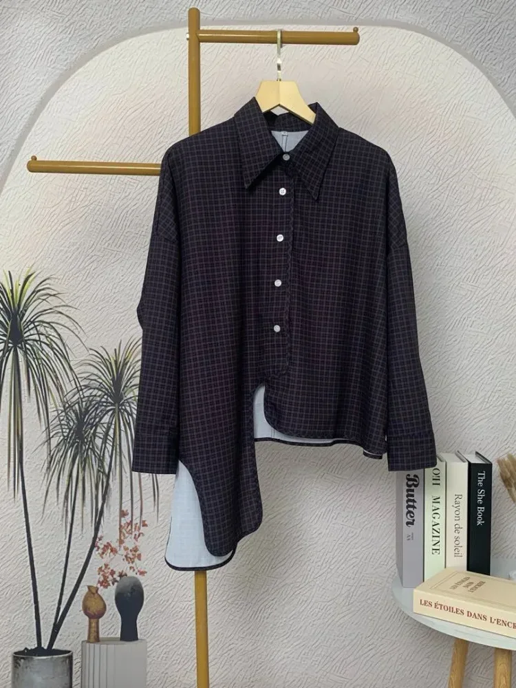 [NEW]CHICMORE Atasan lengan panjang kotak-kotak tidak teratur dengan desain modis