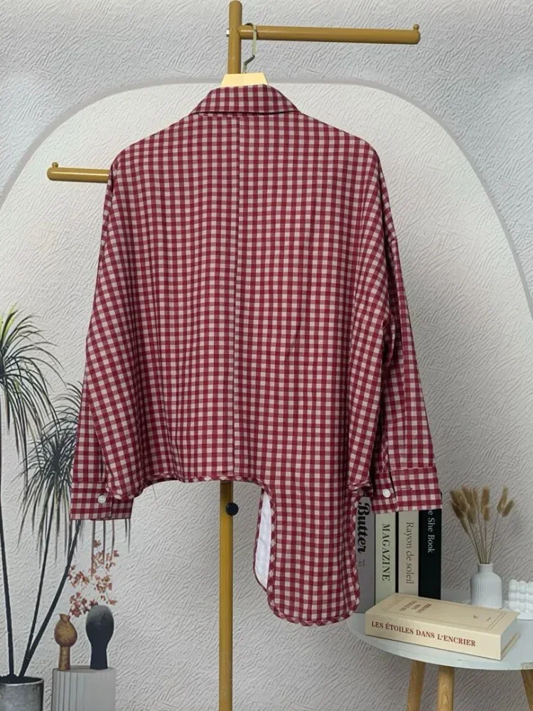 [NEW]CHICMORE Atasan lengan panjang kotak-kotak tidak teratur dengan desain modis