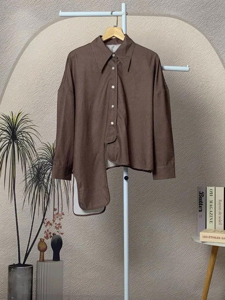 [NEW]CHICMORE Atasan lengan panjang kotak-kotak tidak teratur dengan desain modis