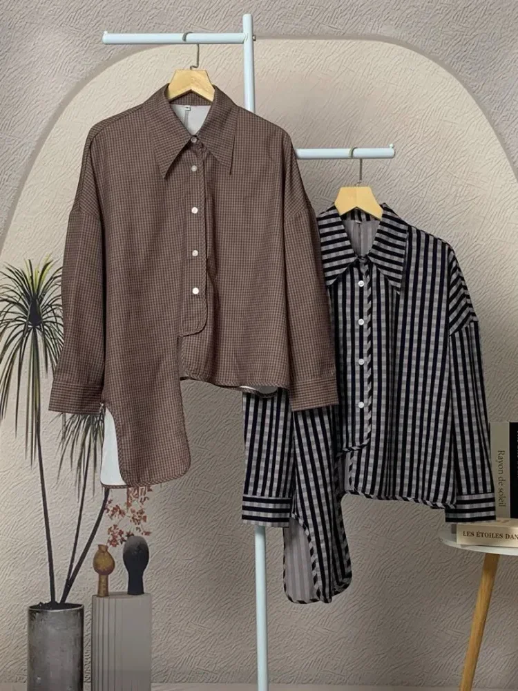 [NEW]CHICMORE Atasan lengan panjang kotak-kotak tidak teratur dengan desain modis