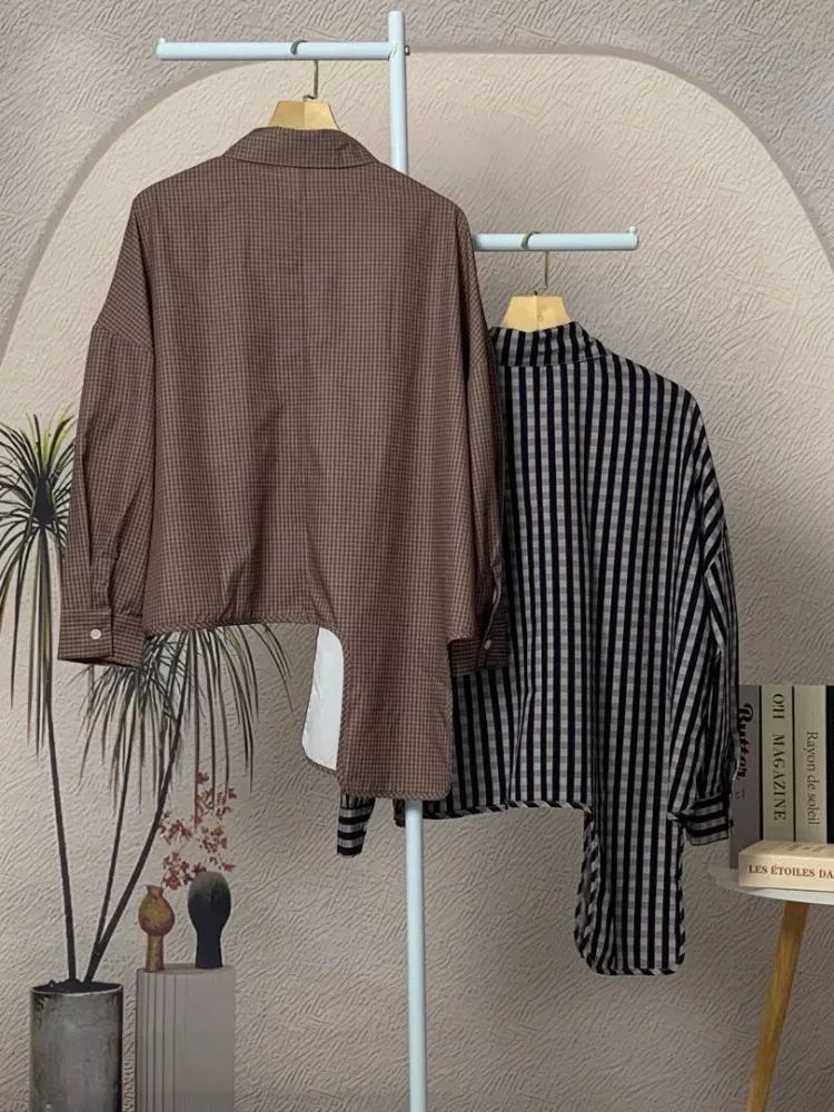 [NEW]CHICMORE Atasan lengan panjang kotak-kotak tidak teratur dengan desain modis