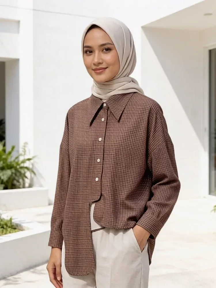 [NEW]CHICMORE Atasan lengan panjang kotak-kotak tidak teratur dengan desain modis