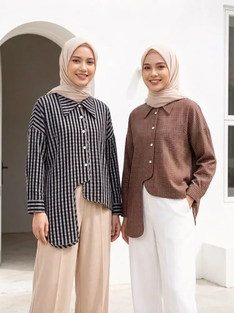 [NEW]CHICMORE Atasan lengan panjang kotak-kotak tidak teratur dengan desain modis