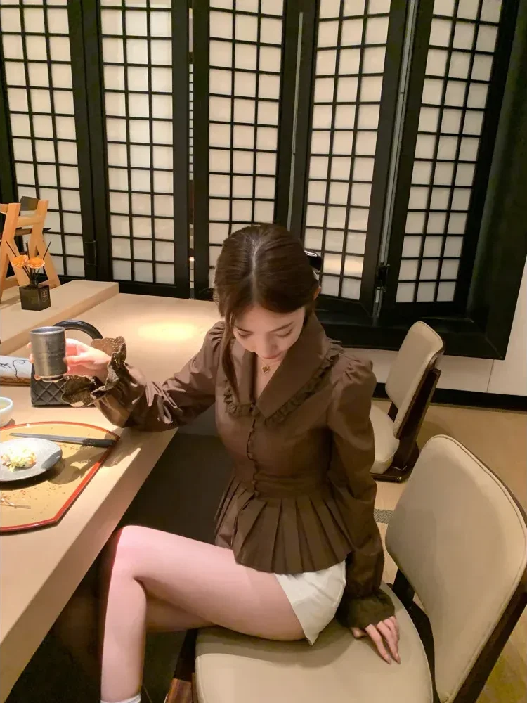 [READY STOCK]CHICMORE Atasan kemeja model lipit dengan kancing aktif sebaris bergaya elegan baru warna solid