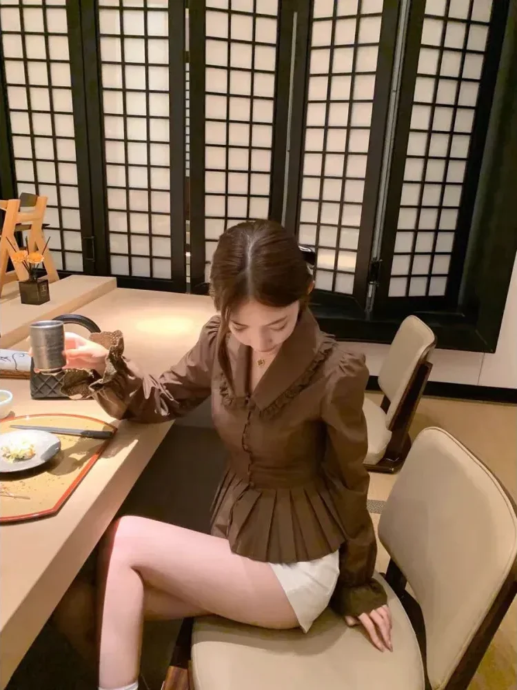 [READY STOCK]CHICMORE Atasan kemeja model lipit dengan kancing aktif sebaris bergaya elegan baru warna solid