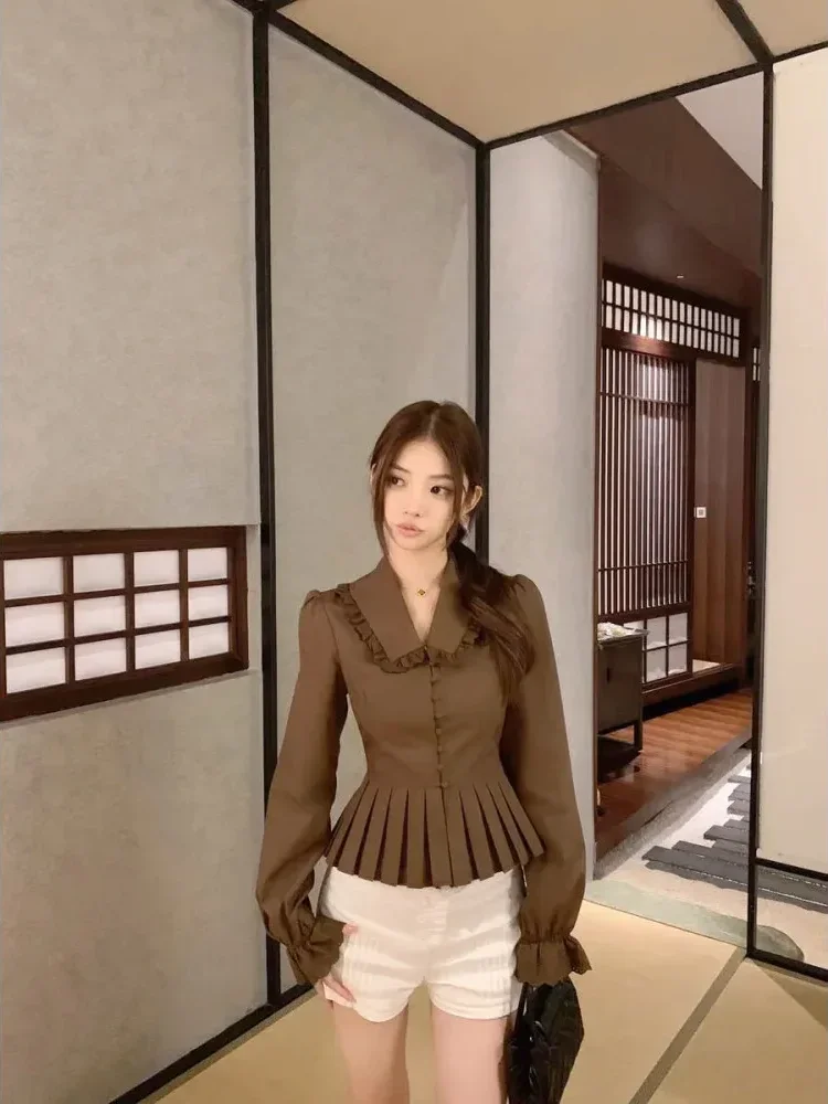 [READY STOCK]CHICMORE Atasan kemeja model lipit dengan kancing aktif sebaris bergaya elegan baru warna solid