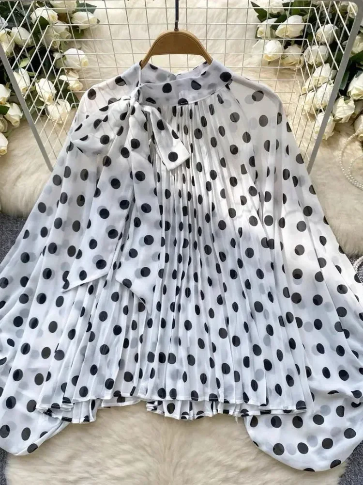 [NEW]CHICMORE Atasan waita model longgar lengan panjang motif polkadot gaya retro