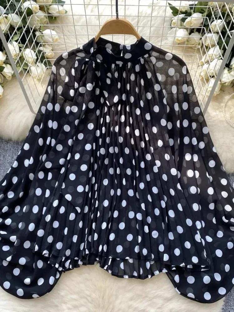 [NEW]CHICMORE Atasan waita model longgar lengan panjang motif polkadot gaya retro