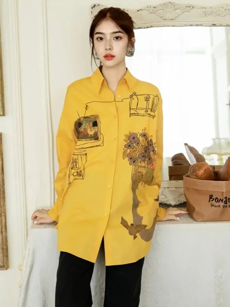 CHICMORE Atasan kemeja berkerah lengan panjang motif cetak kasual untuk wanita