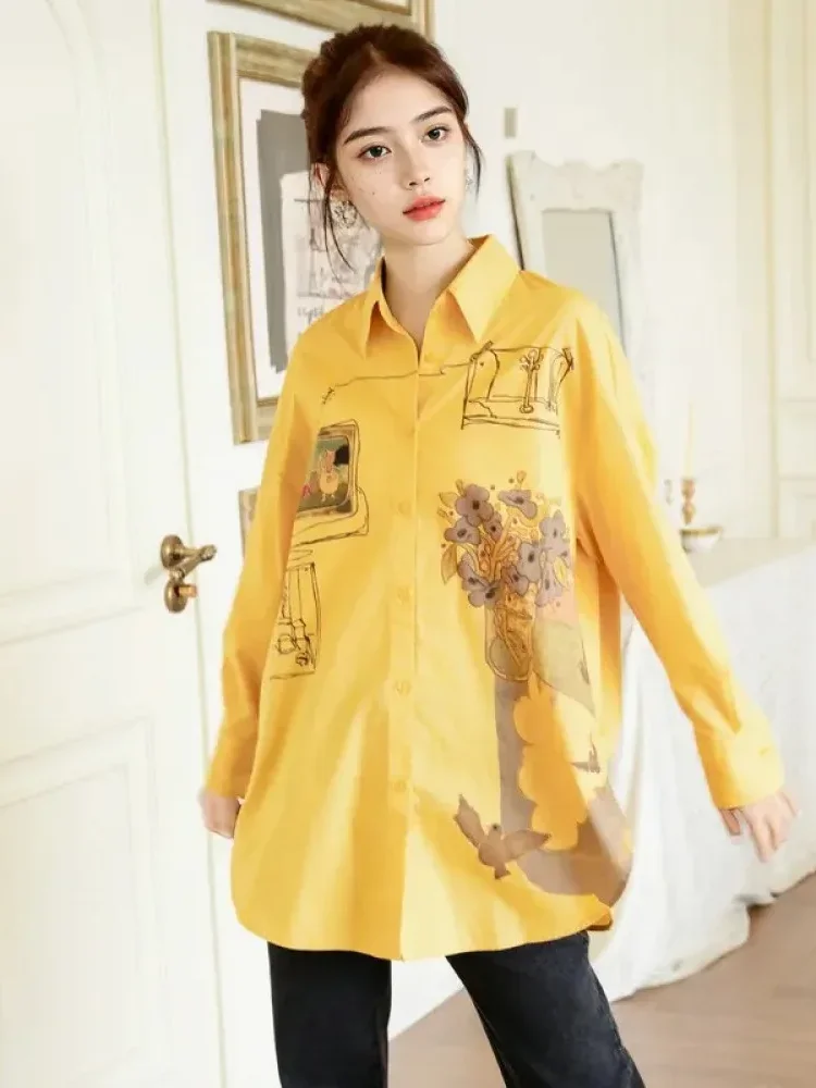 CHICMORE Atasan kemeja berkerah lengan panjang motif cetak kasual untuk wanita