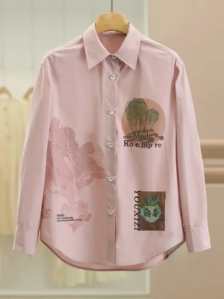 CHICMORE Atasan kemeja kancing sebaris kerah polo motif cetak gaya kekinian terbaru untuk wanita