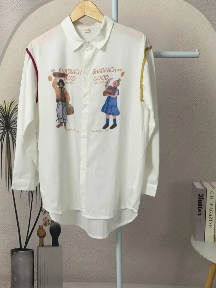 CHICMORE Atasan kemeja wanita kerah polo lengan panjang motif cetak gaya korea minimalis
