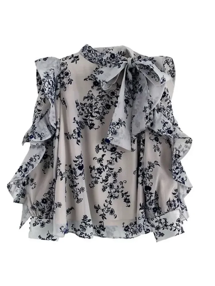 CHICMORE Atasan wanita bermotif bunga dengan lengan panjang desain ruffle dan model tie neck