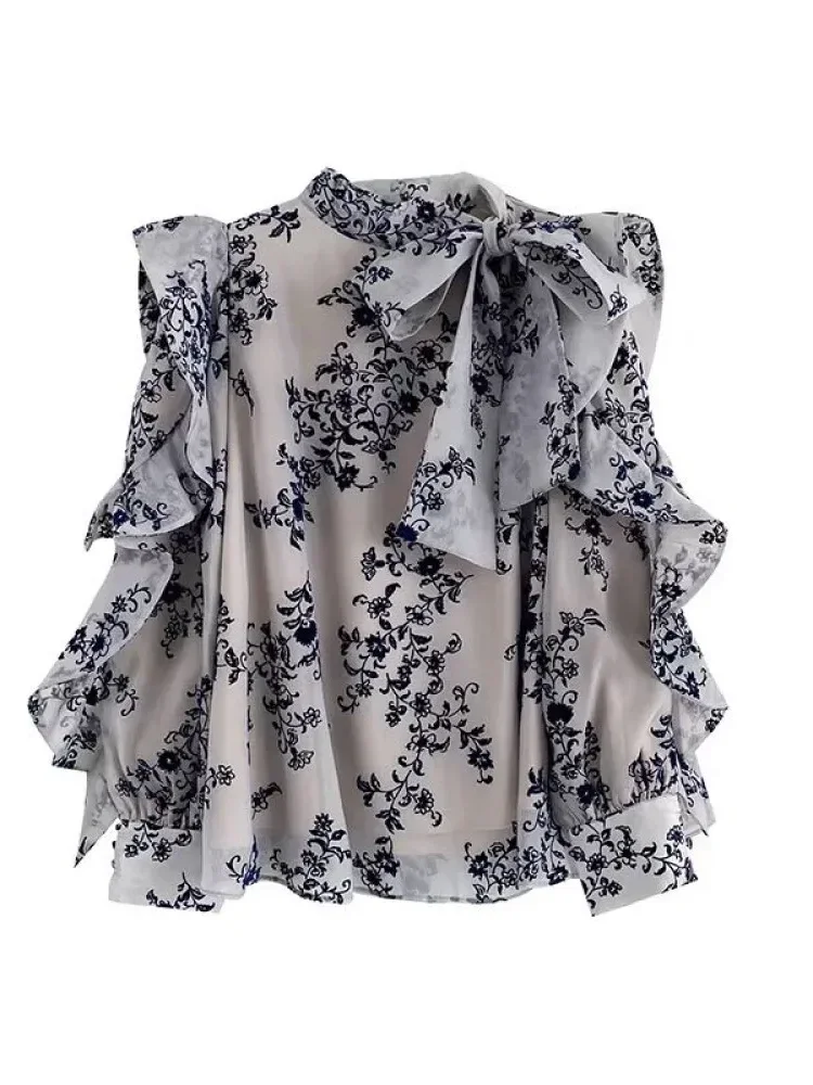 CHICMORE Atasan wanita bermotif bunga dengan lengan panjang desain ruffle dan model tie neck