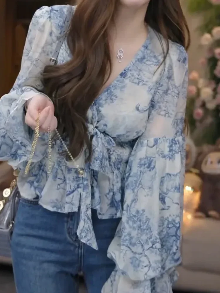 CHICMORE Atasan kemeja untuk wanita warna solid dengan kerah bulat berlengan panjang model ruffle