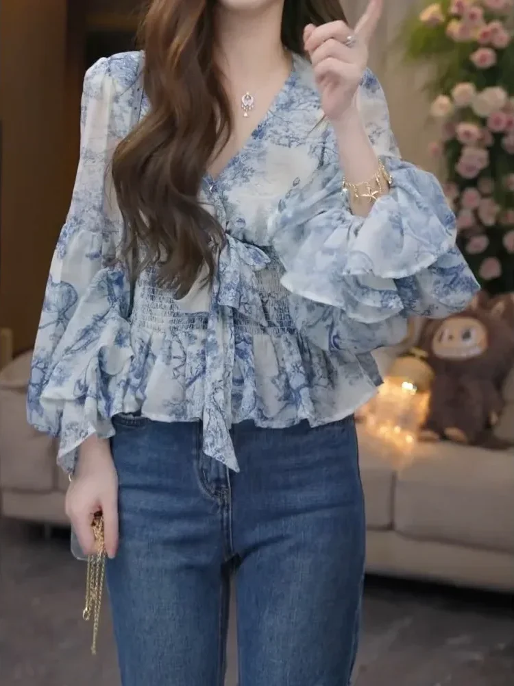 CHICMORE Atasan kemeja untuk wanita warna solid dengan kerah bulat berlengan panjang model ruffle