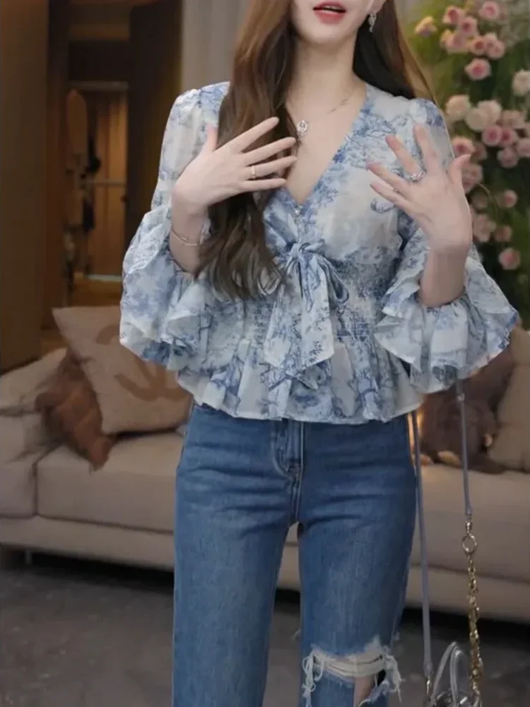 CHICMORE Atasan kemeja untuk wanita warna solid dengan kerah bulat berlengan panjang model ruffle