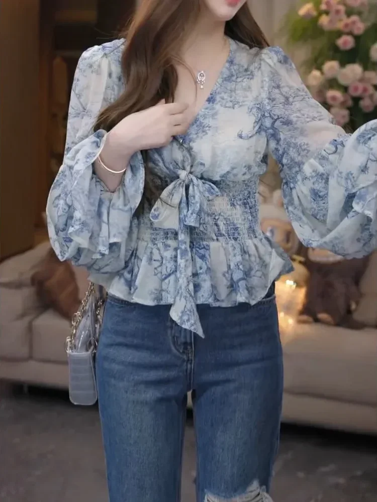 CHICMORE Atasan kemeja untuk wanita warna solid dengan kerah bulat berlengan panjang model ruffle