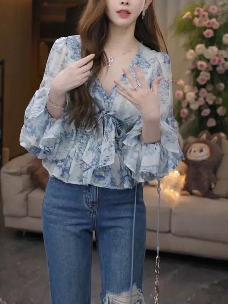 CHICMORE Atasan kemeja untuk wanita warna solid dengan kerah bulat berlengan panjang model ruffle