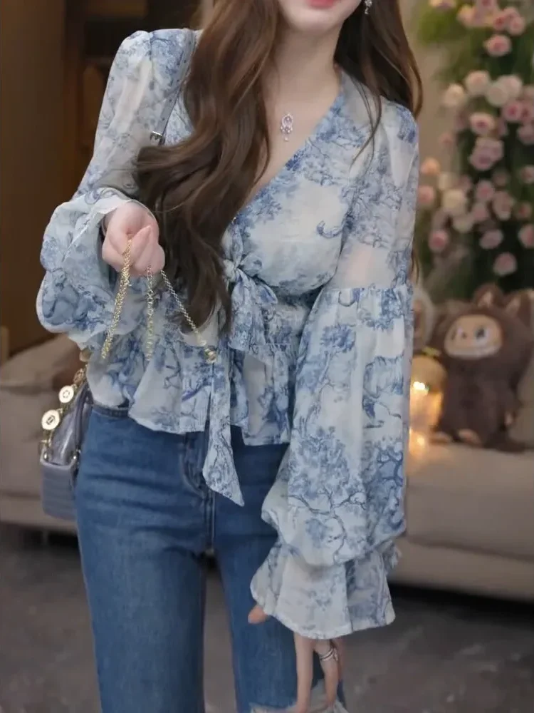 CHICMORE Atasan kemeja untuk wanita warna solid dengan kerah bulat berlengan panjang model ruffle