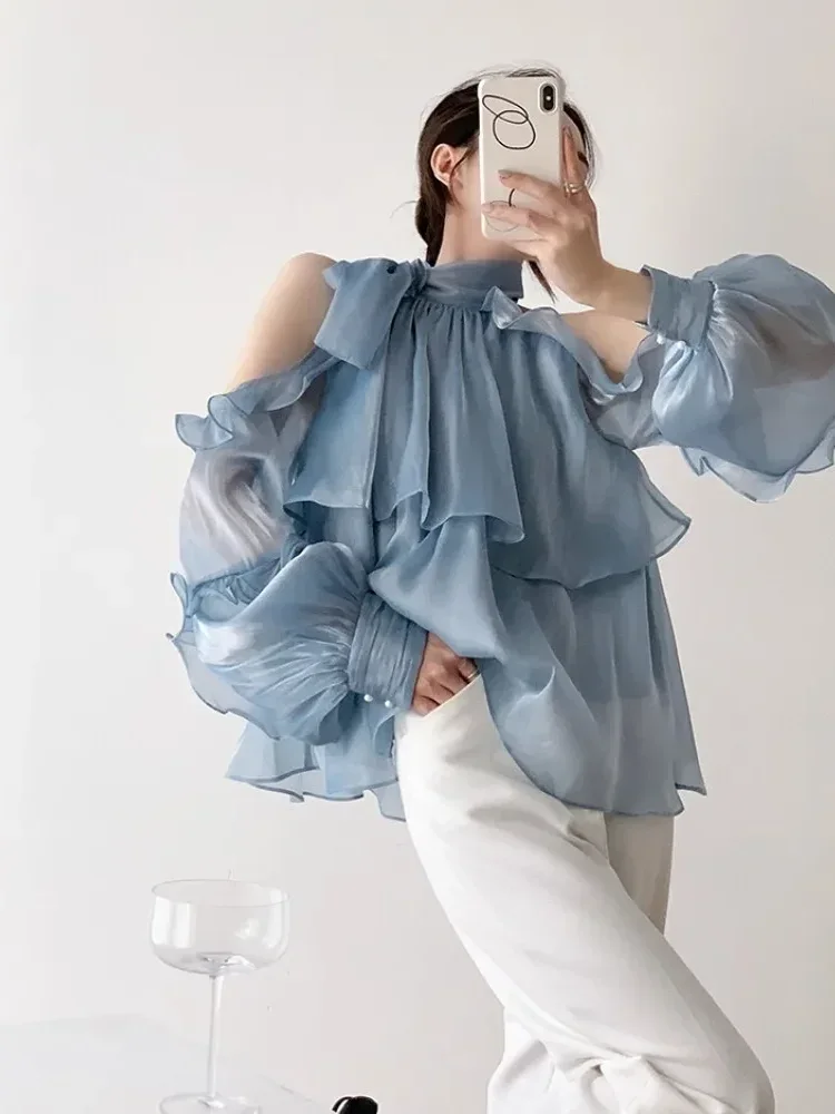 [DISKON KILAT]CHICMORE Kemeja lengan panjang ceruk desain pita halter neck dengan dasi yang unik untuk wanita