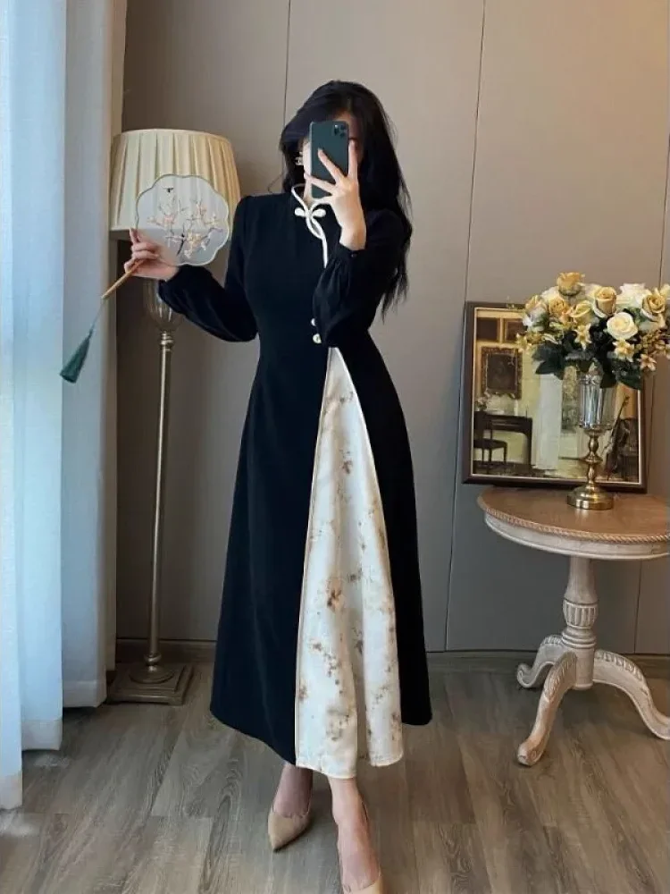 [DISKON KILAT]CHICMORE Gaun maxi cheongsam lengan panjang kerah mandarin gaya retro