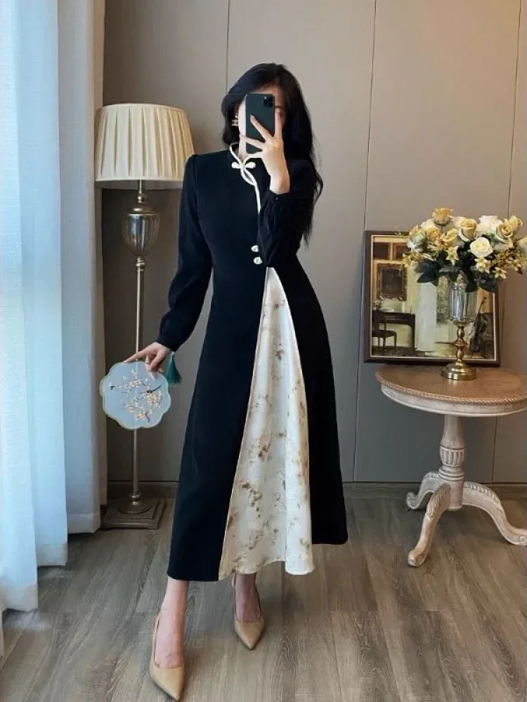 [DISKON KILAT]CHICMORE Gaun maxi cheongsam lengan panjang kerah mandarin gaya retro