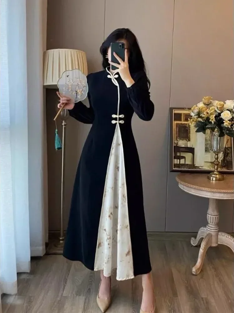 [DISKON KILAT]CHICMORE Gaun maxi cheongsam lengan panjang kerah mandarin gaya retro