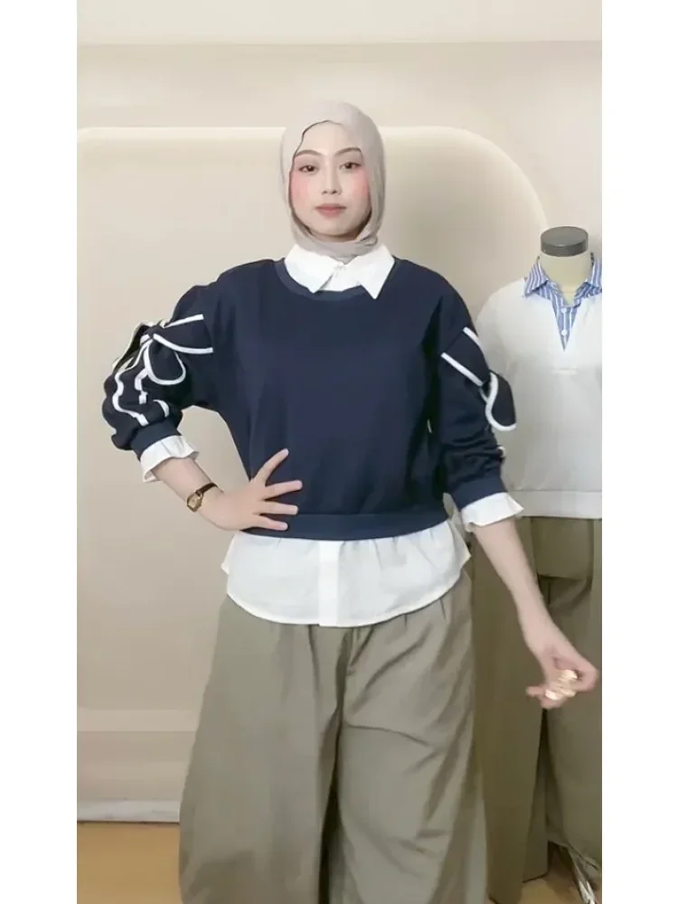 CHICMORE Atasan gaya manis lengan panjang model pita besar cocok untuk wanita