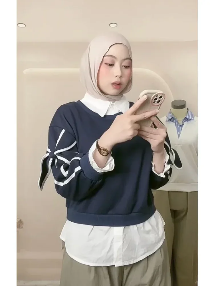 CHICMORE Atasan gaya manis lengan panjang model pita besar cocok untuk wanita