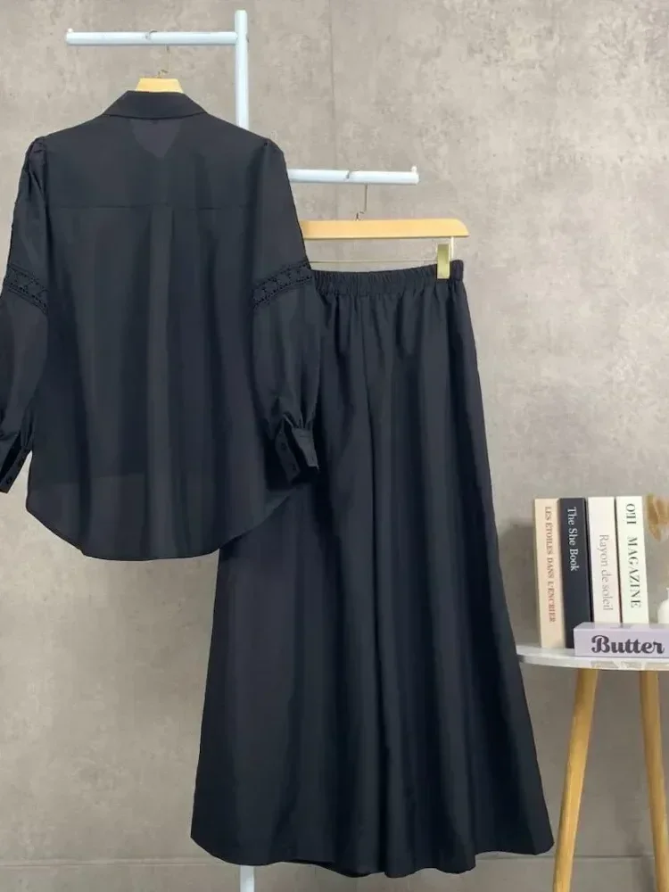 [NEW]CHICMORE Setelan lengan panjang baru, atasan solid dipadukan dengan hiasan renda, celana panjang solid yang longgar