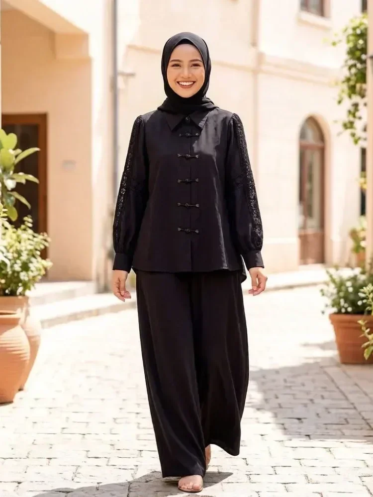 [NEW]CHICMORE Setelan lengan panjang baru, atasan solid dipadukan dengan hiasan renda, celana panjang solid yang longgar