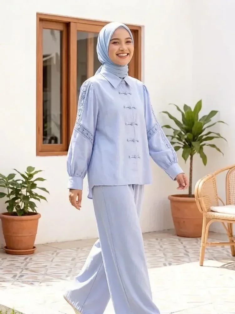 [NEW]CHICMORE Setelan lengan panjang baru, atasan solid dipadukan dengan hiasan renda, celana panjang solid yang longgar