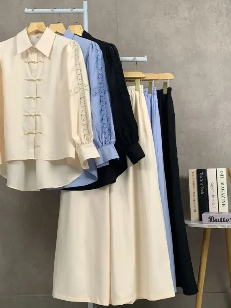 [NEW]CHICMORE Setelan lengan panjang baru, atasan solid dipadukan dengan hiasan renda, celana panjang solid yang longgar