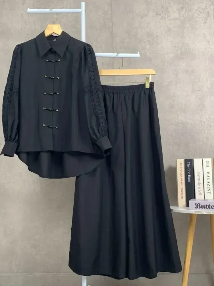 [NEW]CHICMORE Setelan lengan panjang baru, atasan solid dipadukan dengan hiasan renda, celana panjang solid yang longgar