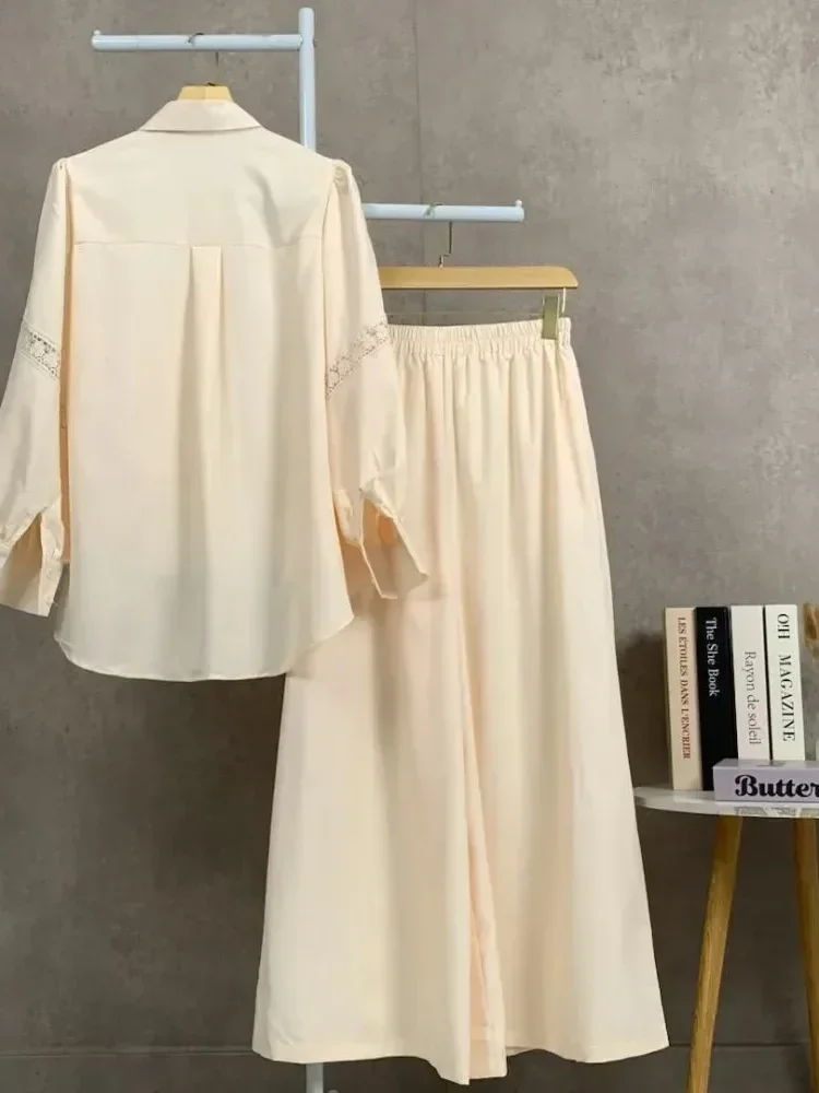 [NEW]CHICMORE Setelan lengan panjang baru, atasan solid dipadukan dengan hiasan renda, celana panjang solid yang longgar