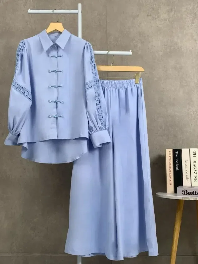 [NEW]CHICMORE Setelan lengan panjang baru, atasan solid dipadukan dengan hiasan renda, celana panjang solid yang longgar