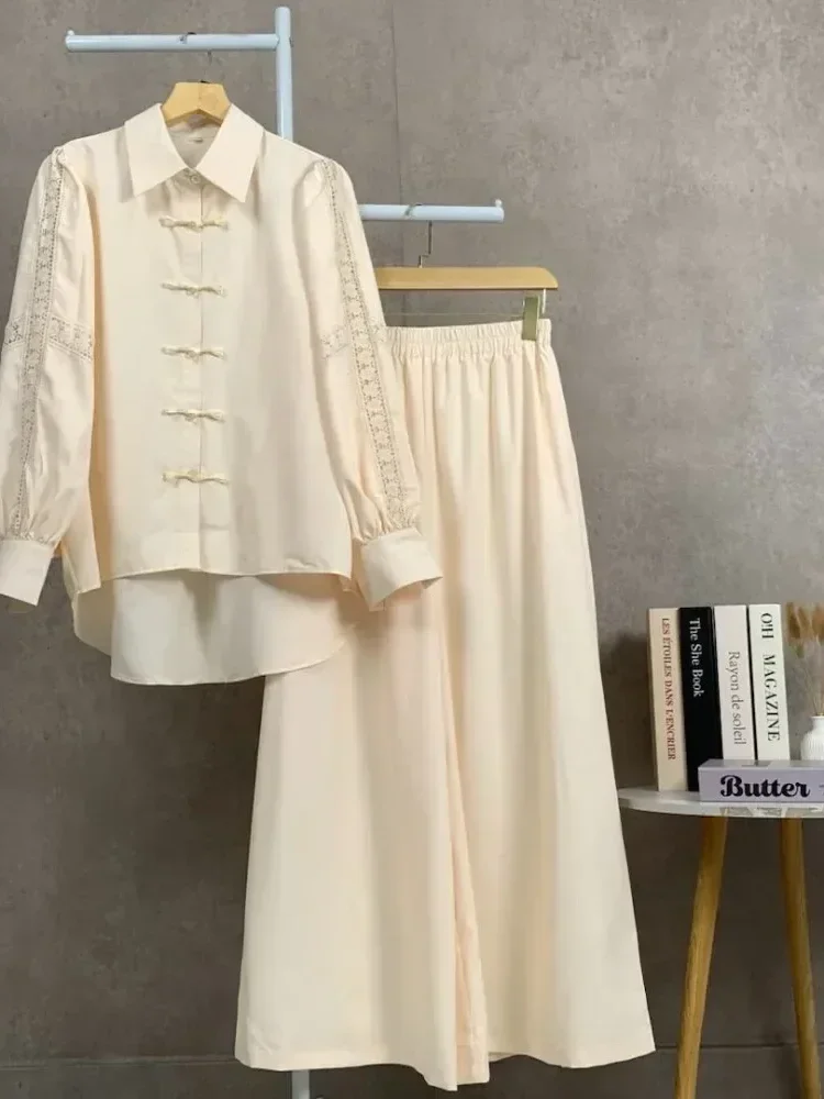 [NEW]CHICMORE Setelan lengan panjang baru, atasan solid dipadukan dengan hiasan renda, celana panjang solid yang longgar