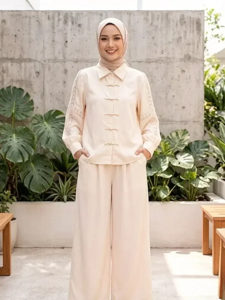 [NEW]CHICMORE Setelan lengan panjang baru, atasan solid dipadukan dengan hiasan renda, celana panjang solid yang longgar