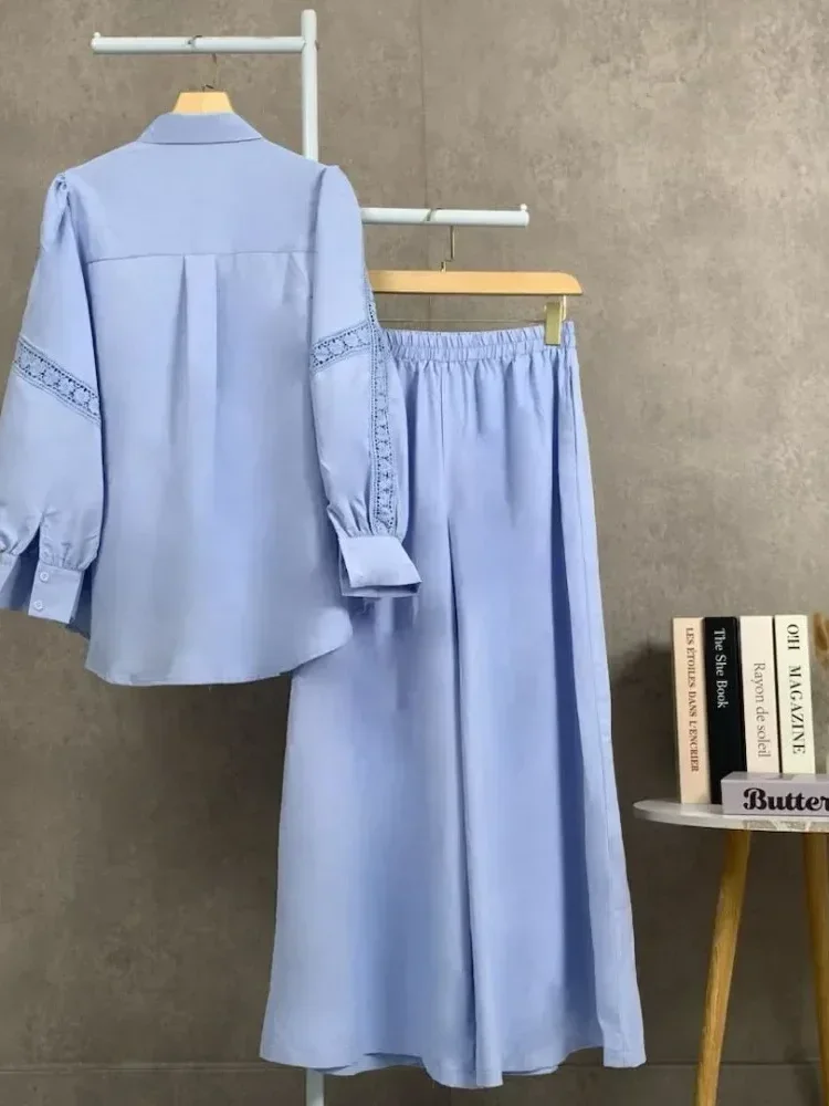 [NEW]CHICMORE Setelan lengan panjang baru, atasan solid dipadukan dengan hiasan renda, celana panjang solid yang longgar