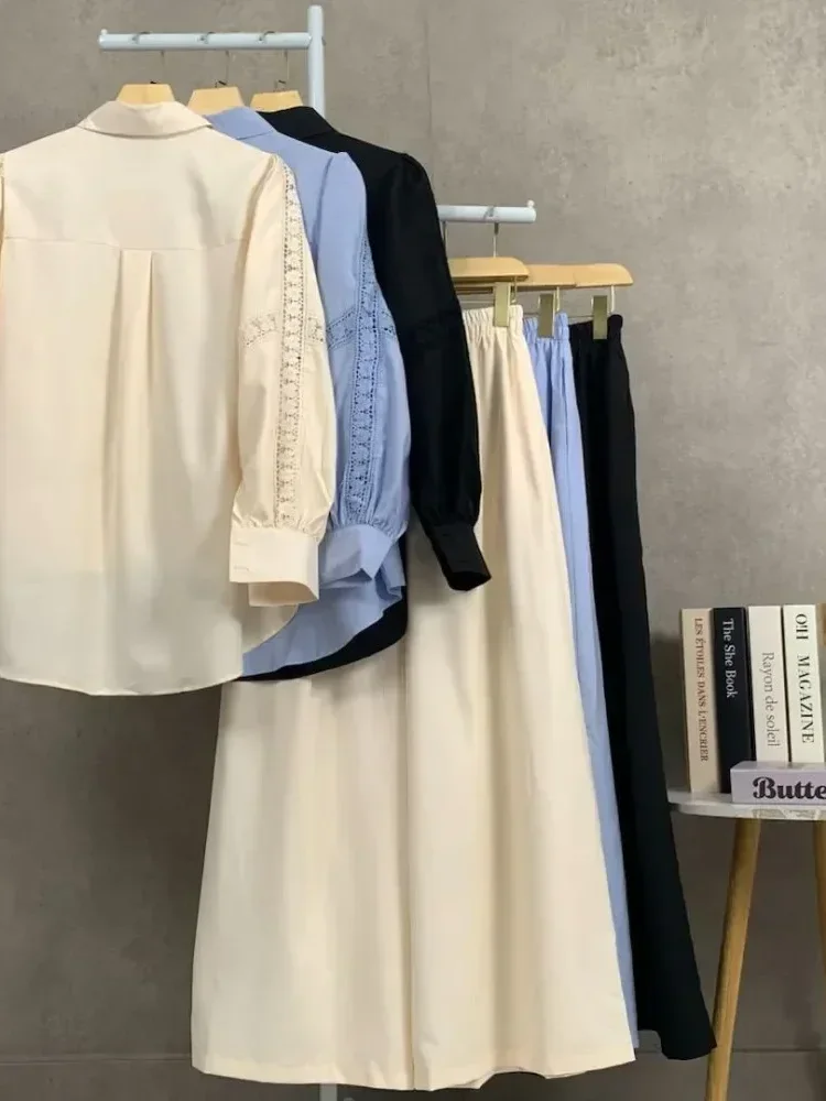 [NEW]CHICMORE Setelan lengan panjang baru, atasan solid dipadukan dengan hiasan renda, celana panjang solid yang longgar