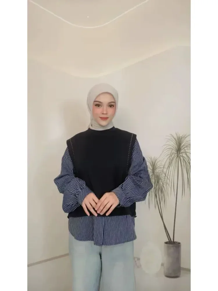 [DISKON KILAT]CHICMORE Atasan kemeja lengan panjang berkerah bulat dengan kombinasi warna