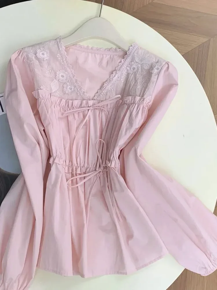 CHICMORE Atasan wanita blouse kekinian lengan panjang dengan kerah v neck dengan variasi pita gaya korea