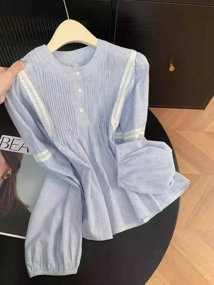 CHICMORE Atasan kemeja lengan panjang bergaris biru gaya korea yang cantik untuk wanita